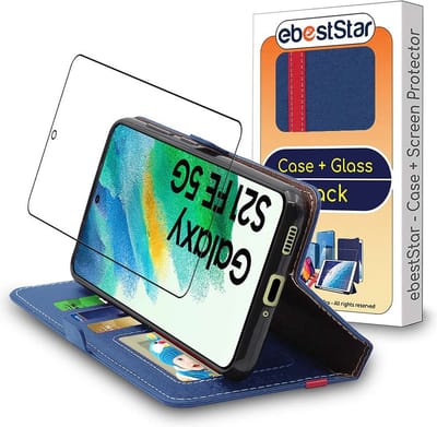 ebestStar - Hoes geschikt voor Samsung Galaxy S21 FE 5G, Wallet Etui, Book case hoesje, Donkerblauw, Rood + Gehard Glas