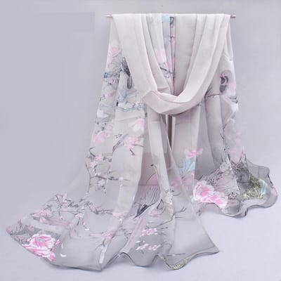 Dames Chiffon Sjaal Ekstertjes Patroon Simulatie Zijde Sjaal Lange Gaas Sjaal Zonwerend Schoudertas Hoofddoek 50X150cm gray