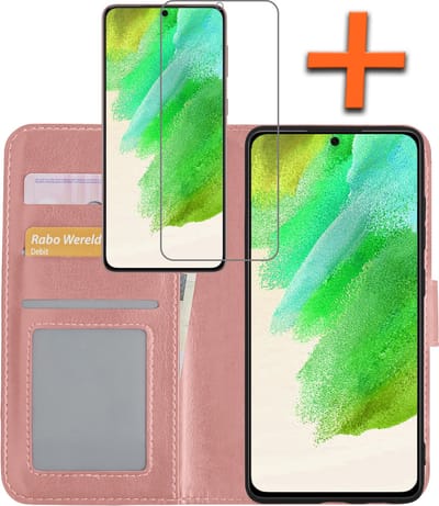 Hoes - Met Screenprotector - Geschikt voor Samsung Galaxy S21 FE - Luxe Pasjeshouder - Bookcase Portemonee - Flip Case - Kunstleer Book Case - Flipcase - Book Cover - Walletcase - PortemonneeHoes - Rosé goud