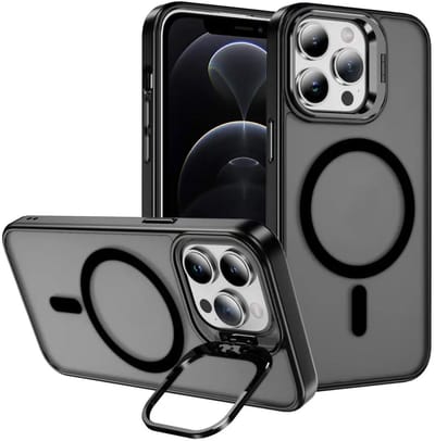 Hoesje Geschikt voor Apple iPhone 12 Pro Max - Compatibel met MagSafe & Qi2 - Back Cover met Standaard - Camera Kickstand - Zwart