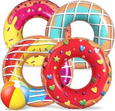 Thijox - 5 Stuks Opblaasbare Donut Zwembaddrijvers met 4 Donutzwemringen van 75 cm en 35 cm Strandballen - Perfect voor Feest, Zwembad, Strand, Kinder