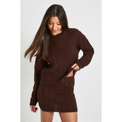 boohoo Dames Ronde hals kabeltrui en minirok | Chocolate | Maat: Small