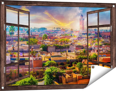 Gards Tuinposter Doorkijk Medina van Marrakesh in Marokko - 90x60 cm - Tuindoek - Tuindecoratie - Wanddecoratie buiten - Tuinschilderij