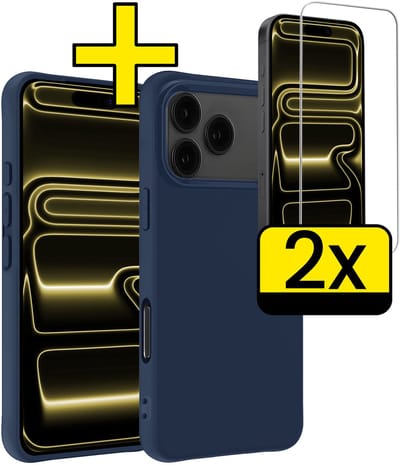 Hoesje - Met 2x Screenprotector - Geschikt voor Apple iPhone 17 Pro - Sterk & Shockproof - Back Cover - Siliconen Case - Telefoon Hoes - Telefoonhoesjes - Donkerblauw