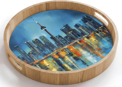 Dienblad rond 40x40 cm - Schootdienblad hout - Skyline Toronto - Water - Stadslichten - Toren - Borrelplank rechthoek - Plateau houten dienbladen
