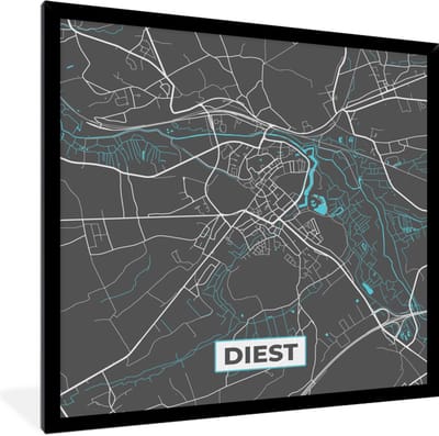 Fotolijst incl. Poster - Stadskaart – Grijs - Kaart – Diest – België – Plattegrond - 40x40 cm - Posterlijst
