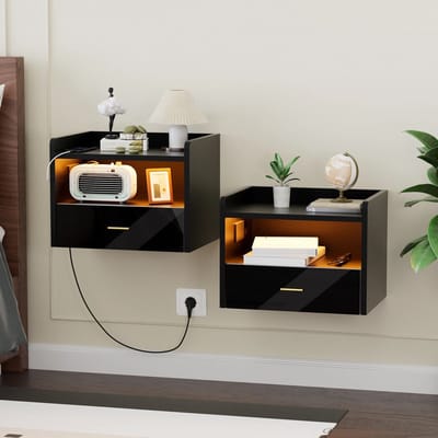 uJOY Set van 2 nachtkastjes - Wandgemonteerd - Zwevend nachtkastje - Met LED-verlichting, USB en stopcontact - Modern design