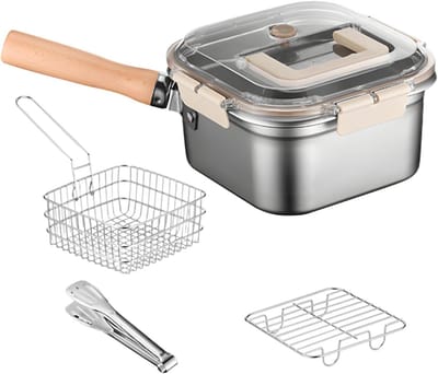 Frituurpan Set - Koekenpan Braadpan - Koken Buiten - Afneembare Mand - 35 x 20.5 cm - Zilver