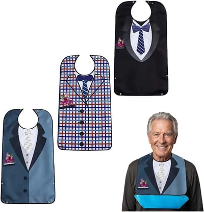 Set van 3 waterdichte en herbruikbare slabbetjes voor volwassenen, badstof, bescherming van kleding en gemakkelijk te reinigen.