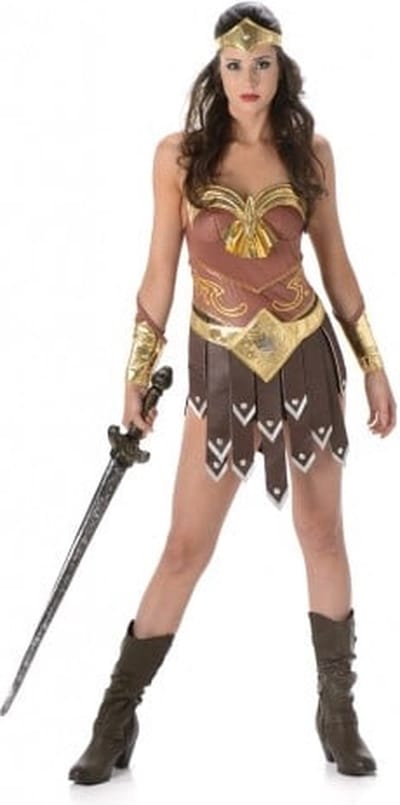 Karnival Costumes Gladiatorvrouw Kostuum Dames Carnavalskleding Dames Carnaval - Polyester - Bruin - Maat M - 3-Delig Jurk/Hoofdband/Arm Accessoires