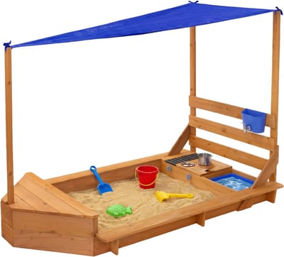Zandbak met dak 101x163 cm, gemaakt van massief hout, zandbak voor kinderen met modderkeuken, boot/schip ontwerp, UV-bescherming tegen de zon ML-Design