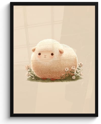 Poster in lijst - Fotolijst 60x80 cm - Posters - Schaap - Beige - Bloemen - Posterlijst zwart - Decoratie - Wanddecoratie woonkamer - Muurdecoratie slaapkamer