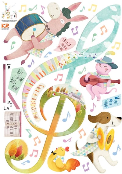 Decoratieve muurstickers met muzikale dieren uit een sprookje.