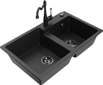 Mexen Tomas granieten spoelbak met 2 compartimenten en Carla keukenkraan, zwart/gouden metallic - 6516-75-670700-70-B
