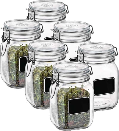 Bormioli Rocco Voorraad/weckpot - 6x - glas - transparant - krijtplaatje - 16 x 10,6 cm - 1 L