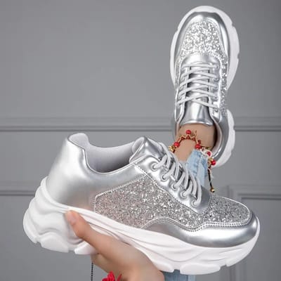 Dames Sneakers Hardloopschoenen Sport Casual Schoenen Sportkleding Wandelschoenen Lakleer Pailletten Daddy Dames 35 gray