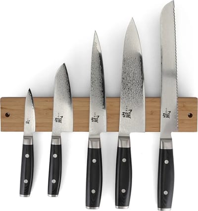 Yaxell Ran Messenset – 6-delig – Magnetische Messenhouder Bamboe met 5 Messen – 69 Lagen Damaststaal – VG10 Staal – 61 HRC – Canvas-Micarta Heft