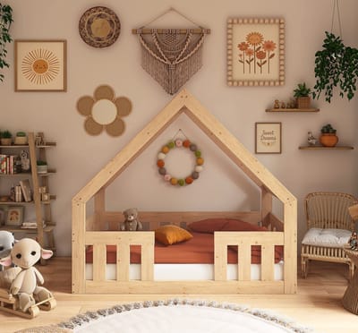 Need Sleep – Kinderbed 70x140 cm – Montessori Peuterbed met Hoge Railing – Massief Houten Huisbed – Naturel