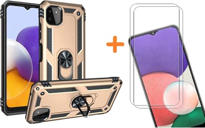 Hoesje Geschikt Voor Samsung Galaxy A22 Hoesje Anti-Shock Hybrid Armor hoesje Goud - Hoesje Geschikt Voor Samsung Galaxy A22 5G kickstand Ring houder TPU backcover hoesje - met screenprotector Galaxy A22 5G - 2 pack