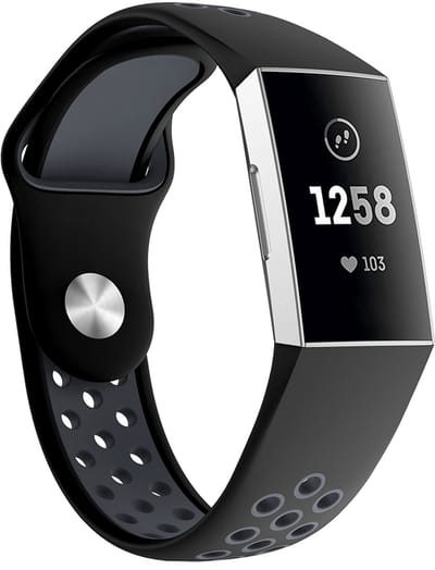 By Qubix - Compatible Fitbit bandje - geschikt voor Fitbit Charge 3 - Fitbit Charge 4 siliconen DOT bandje - Zwart + Grijs - Maat: Large - Horlogeband - smartwatchbandje