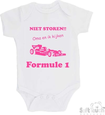 100% katoenen Romper "Niet storen!! Oma en ik kijken Formule 1" Meisjes Katoen Wit/roze Maat 62/68