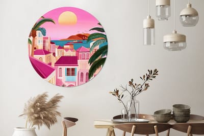 WallCircle - Wandcirkel - Muurcirkel - Stad - Roze - Palmbomen - Aluminium - Dibond - 120x120 cm - Binnen en Buiten XXL