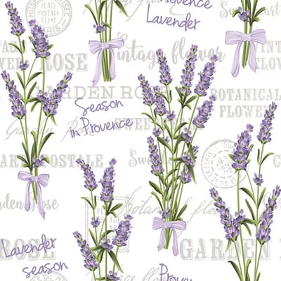 40 Servetten - Lavendel met strik - Tekst - Lavender Season in Provence - Kleurrijk - Op een witte achtergrond - Paars - Groen - Grijs - 33 x 33 cm - 3-Laags - Daisy