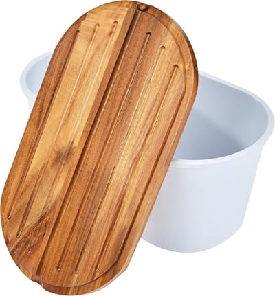 Famanu – Broodtrommel "fresh" ruimtebesparende opbergdoos broodmand met deksel en snijplank van acaciahout voor 1 kg brood 37 cm x 22 cm x 17 cm wit | Luxe opberger, modern design voor keuken en dagelijks gebruik