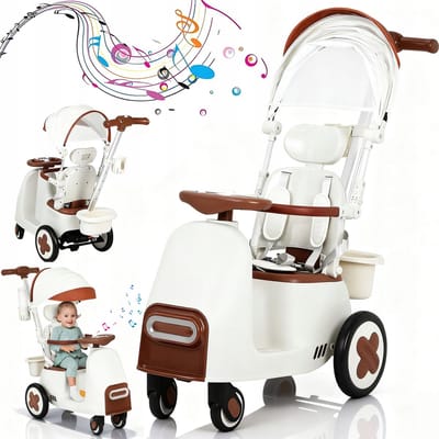 Supvox-3-in-1 Kinderwagen – Duw & Wieg Auto Luxe kinderwagen – Automatisch Wiegen – Loopfiets, Duwwagen & Schommelstoel – Tot 30 kg, PU Wielen, Muziek, UPF 50+ -Bruin