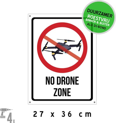 Pictogram/ bord Dibond + boorgaten | "No drone zone" | 27 x 36 cm | Waarschuwing | Drones | Verbod | Verstoring | Duurzaam | Roestvrij | 1 stuk