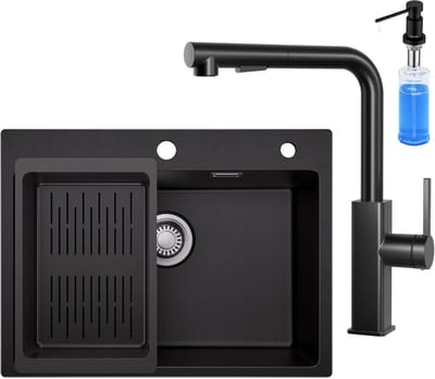 Sofetiy Max spoelbak Keuken 60x45cm Antraciet - Granieten spoelbak Met Keukenkraan en Zeepdispenser 300ML - Spoelbakken met afdruip - Enkele spoelbak Met Afdruiprek - Antraciet
