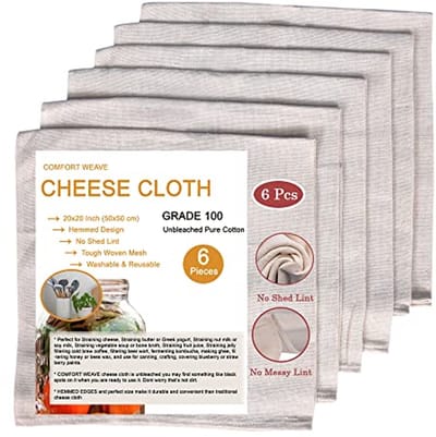 Cheesecloths Grade 100 20x20 Inch - 100% Unbleached Muslin Cloth - Pack van 6