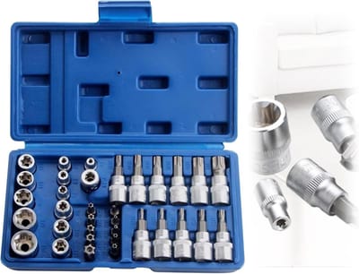 Dailygoods - Chroom-vanadium Torx dopsleutelset: 34-delige moerdopsleutelset, professionele torx-binnenzeskant, binnen en buiten, steeksleutel voor autowerkplaats, auto en industrie (21,5 × 14 × 4,5 cm)