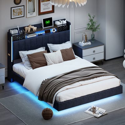 Gestoffeerd bed 140x200 cm met LED-verlichting en USB-aansluiting - met nachtkastje - zwevend bed - grijs - zonder matras