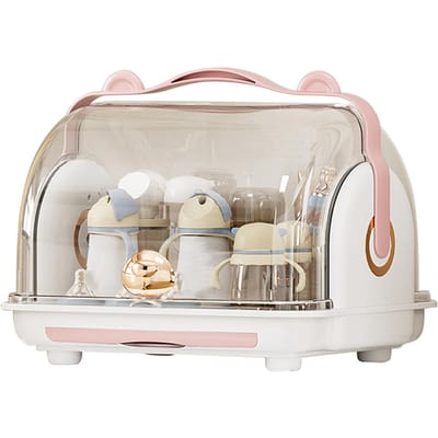 Babyfles Opbergdoos met Deksel Stofdicht Droogrek Plastic Kast Organizer voor Peuter roze