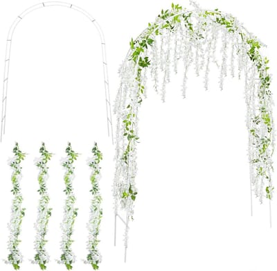 2,4 x 1,4 m bruiloft bogen voor ceremonie wit metalen boog tuinboog met 4 stuks 2 m kunstmatige witte blauweregen opknoping bloemen wijnstok voor huwelijksceremonie buiten tuin decoraties