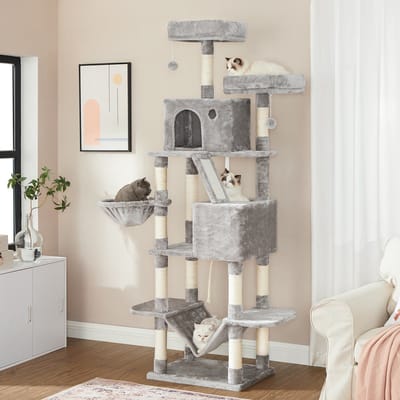 Krabpaal groot, 154 cm hoog, XXL kattenboom,2 platforms, mand, hangmat, pluche ballen, meerlaagse kattenkrabpaal, lichtgrijs