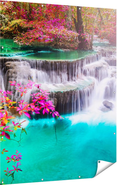 Gards Tuinposter Waterval in de Herfst met Kleurrijke Bloemen - 120x160 cm - Tuindoek - Tuindecoratie - Wanddecoratie buiten - Tuinschilderij