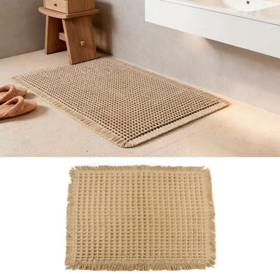 Dailygoods- Badkamermat Antislip - Microvezel - 63 x 41 cm - Wafelpatroon - Zacht - Wasbaar - Boho Franjes - Badmat