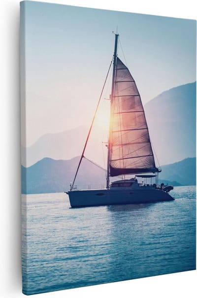 Artaza Canvas Schilderij Zee - 40x50 cm - Wanddecoratie Zeilboot - Muurdecoratie Zonsondergang - Kamer Accessoires Bergen