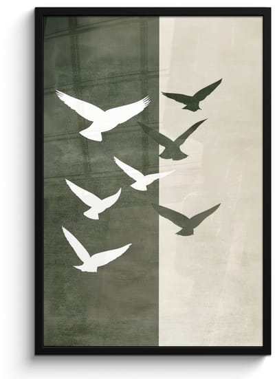 Poster in lijst - Fotolijst 60x90 cm - Posters - Japandi - Vogel - Groen - Posterlijst zwart - Decoratie - Wanddecoratie woonkamer - Muurdecoratie slaapkamer