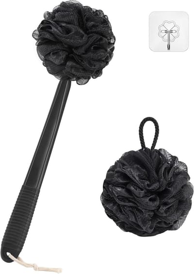 SnelShoppen - 17 Inch Back Scrubber Shower Set - Non-Slip Plastic Handle Badschrobber met Loofah, Zwart, Duurzaam, Hygiënisch, Ideaal voor Volwassenen
