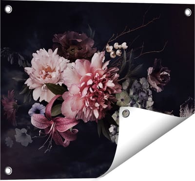 Gards Tuinposter Diverse Bloemen op Zwart Achtergrond - 50x40 cm - Tuindoek - Tuindecoratie - Wanddecoratie buiten - Tuinschilderij