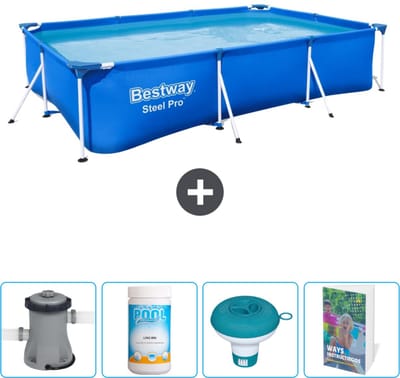 Bestway Rechthoekig Steel Pro Zwembad - 300 x 201 x 66 cm - Blauw - Inclusief Pomp Chloor - Chloordrijver - Zwembadgids