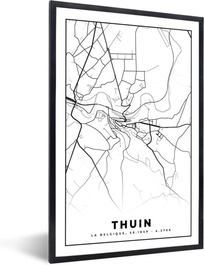 Fotolijst incl. Poster Zwart Wit- Plattegrond – Thuin – Zwart Wit – Stadskaart - Kaart - België - 40x60 cm - Posterlijst