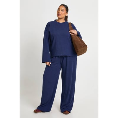 boohoo Dames Plus T-shirt met lange mouwen & wijde broek co-ord | Marineblauw | Maat: 44
