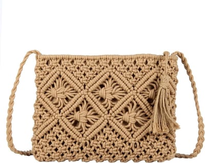 Strandtas Crossbody - Schoudertas Zomer - Strandbezoek - Handgeweven Katoen - 25 x 20 cm - Bruin