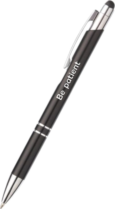 Akyol - be patient pen - zwart - gegraveerd - Motivatie pennen - collega - pen met tekst - leuke pennen - grappige pennen - werkpennen - stagiaire cadeau - cadeau - bedankje - afscheidscadeau collega - welkomst cadeau - met soft touch
