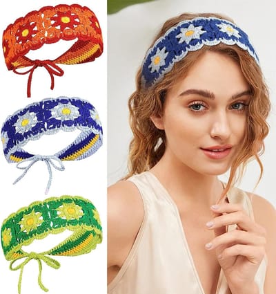 Handgemaakte Haarkapjes voor Vrouwen met Bloemenmotief - Set van 3 Elastische Haardbands in Blauw, Groen en Rood voor Bohemian Stijl en Casual Gebruik