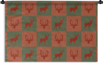 Wandkleed - Wanddoek - Patroon - Hert - Groen - Rood - 180x120 cm - Wandtapijt